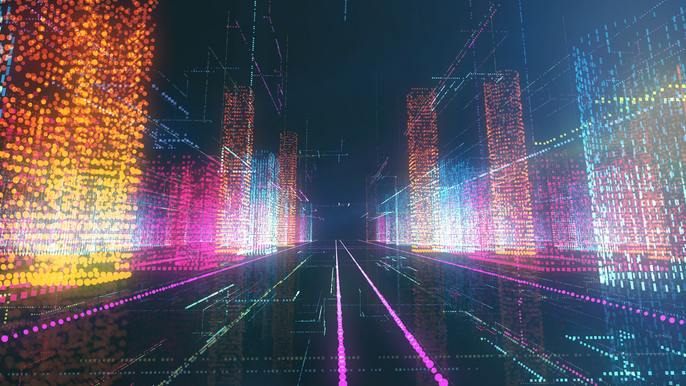 A vibrant digital cityscape with bright neon colors. Glowing dots and lines form geometric buildings, creating a futuristic, cyberpunk-like environment. The road has grid pathways leading into the distance, illustrating a sense of depth and movement.