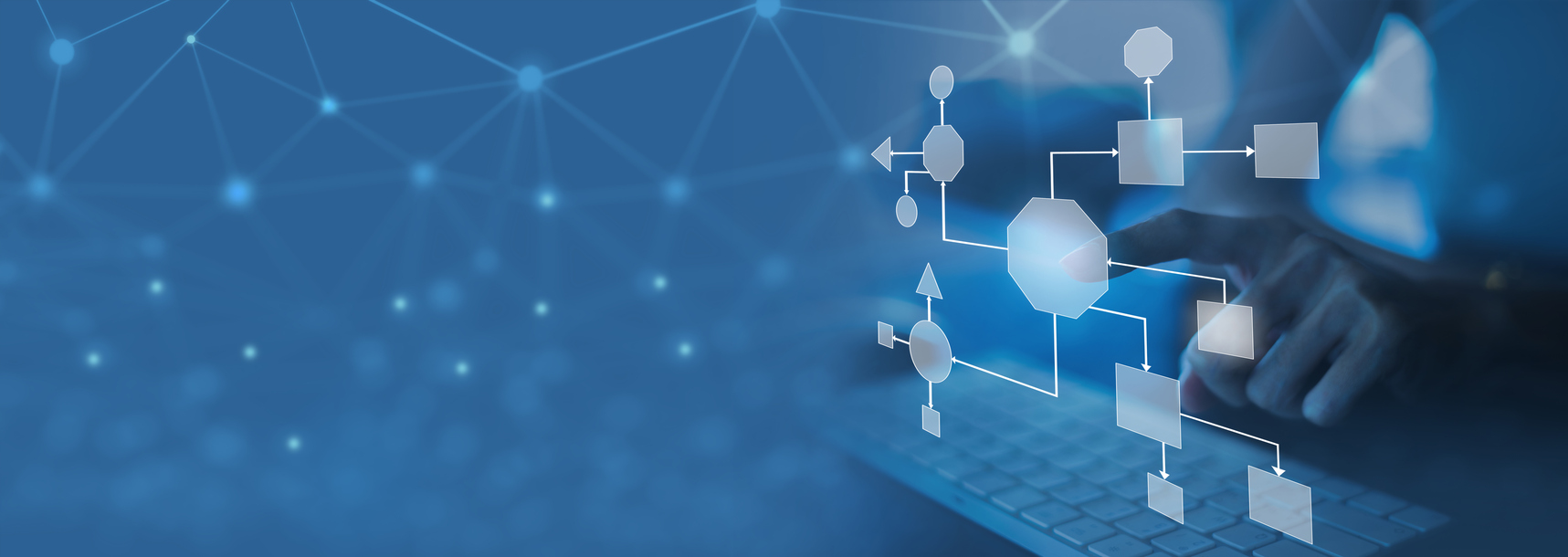 A person types on a keyboard with a digital abstract overlay of flowcharts and network connections on the right, set against a blue background. The image conveys the concept of data analysis, technology, and digital networking.