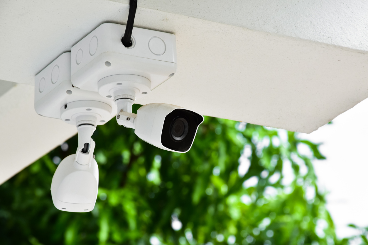 Two security cameras are mounted on a white ceiling, positioned at different angles. The cameras are primarily white with black lenses. In the background, green foliage is visible, suggesting the cameras are installed outdoors.