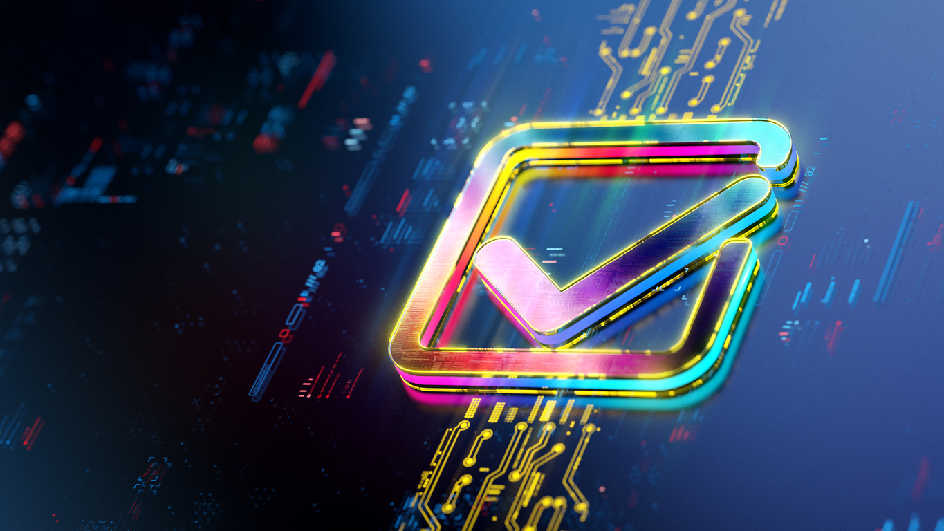 A glowing, multicolored check mark icon appears against a dark, tech-themed background filled with circuit-like patterns. The check mark, enclosed in a square, emits neon hues, giving the image a futuristic and digital feel.