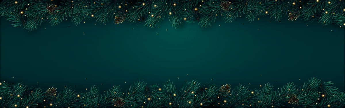 Festive holiday border with green fir branches, pine cones, and small golden lights against a dark teal background. The arrangement forms a rectangular frame with space in the center.