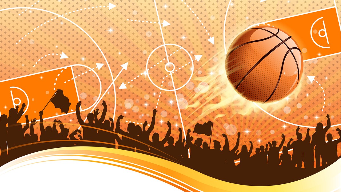 Silhouettes of cheering fans wave flags as a basketball with motion trails flies through an abstract orange background featuring basketball court diagrams.